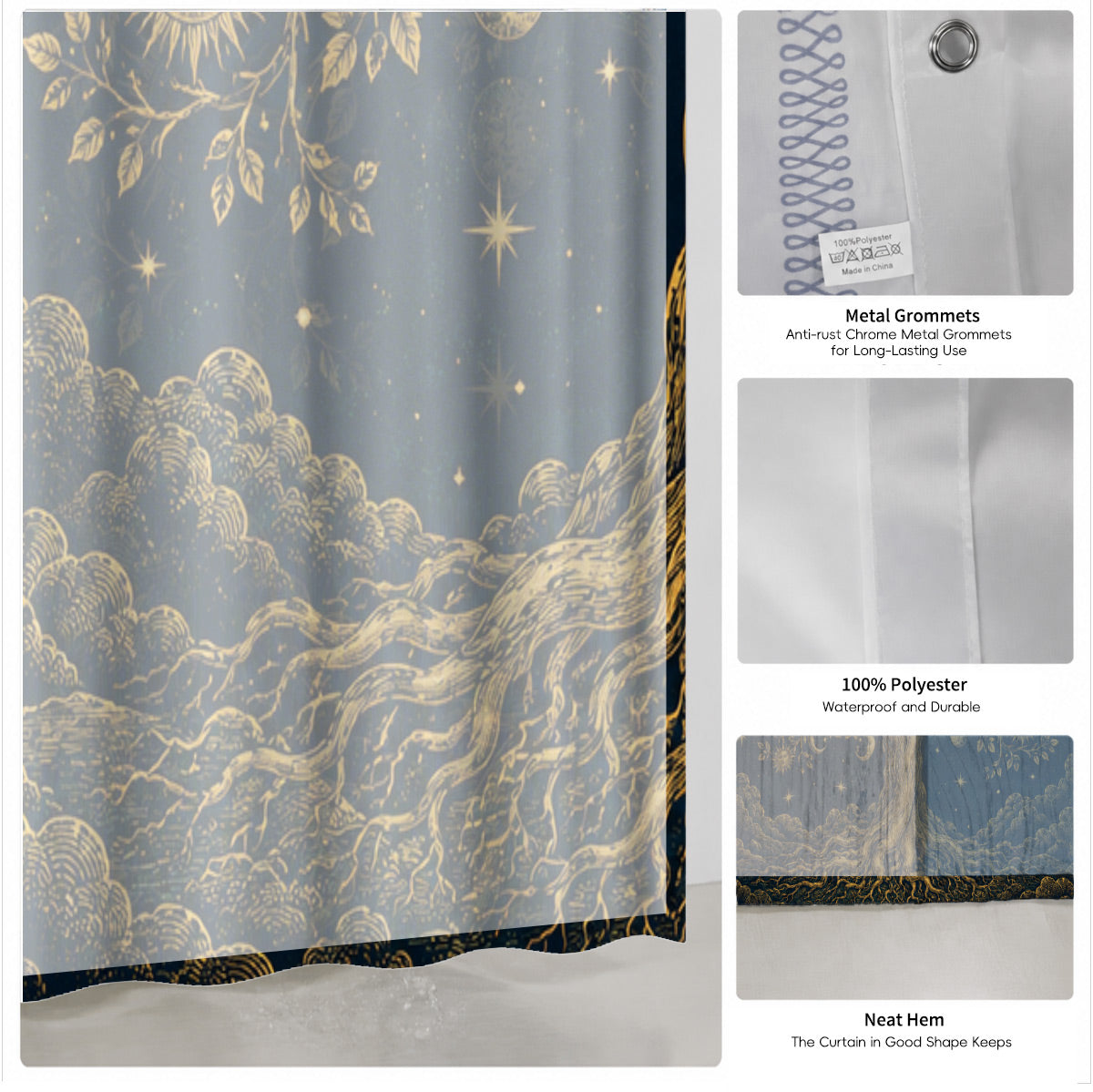Celestial Moon Phase Shower Curtain Vintage Gold Astrology Waterproof Decor