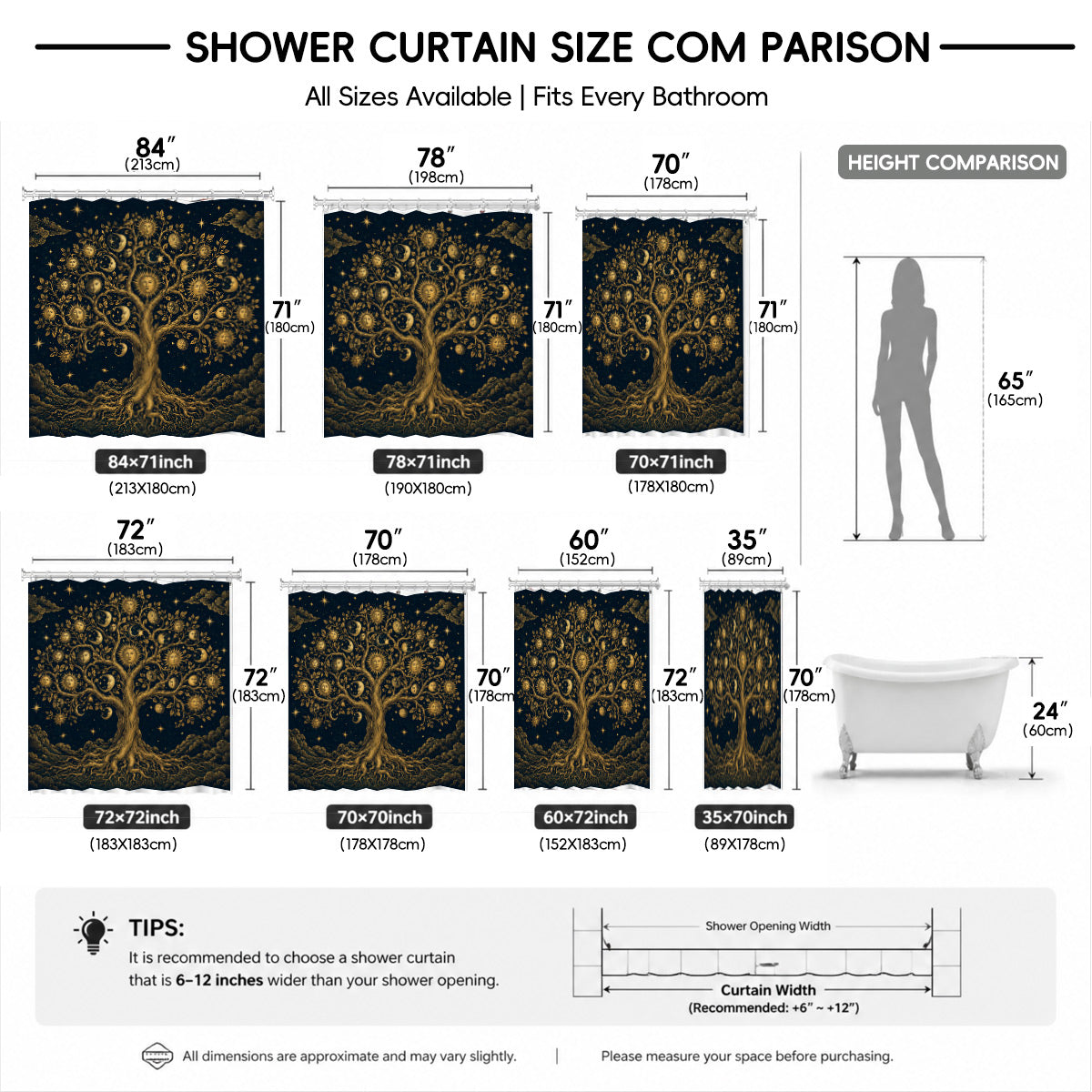 Celestial Moon Phase Shower Curtain Vintage Gold Astrology Waterproof Decor