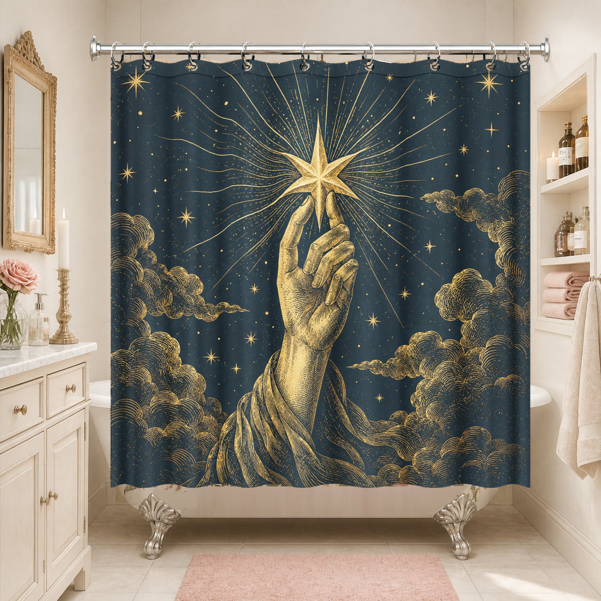 Celestial Moon Phase Shower Curtain Vintage Gold Astrology Waterproof Decor