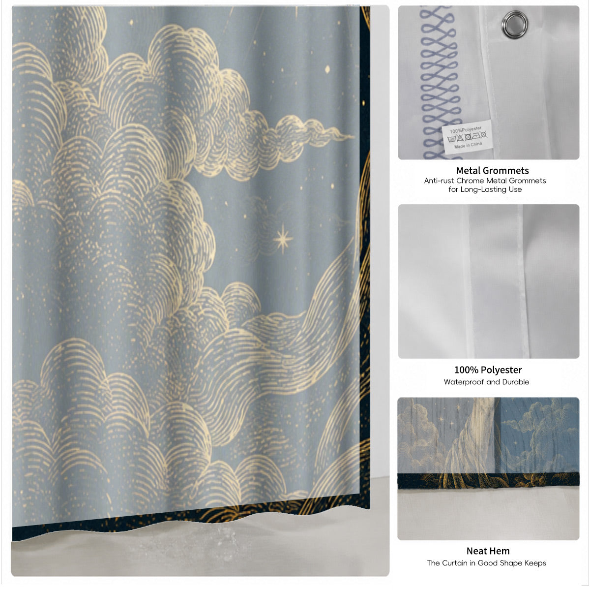 Celestial Moon Phase Shower Curtain Vintage Gold Astrology Waterproof Decor