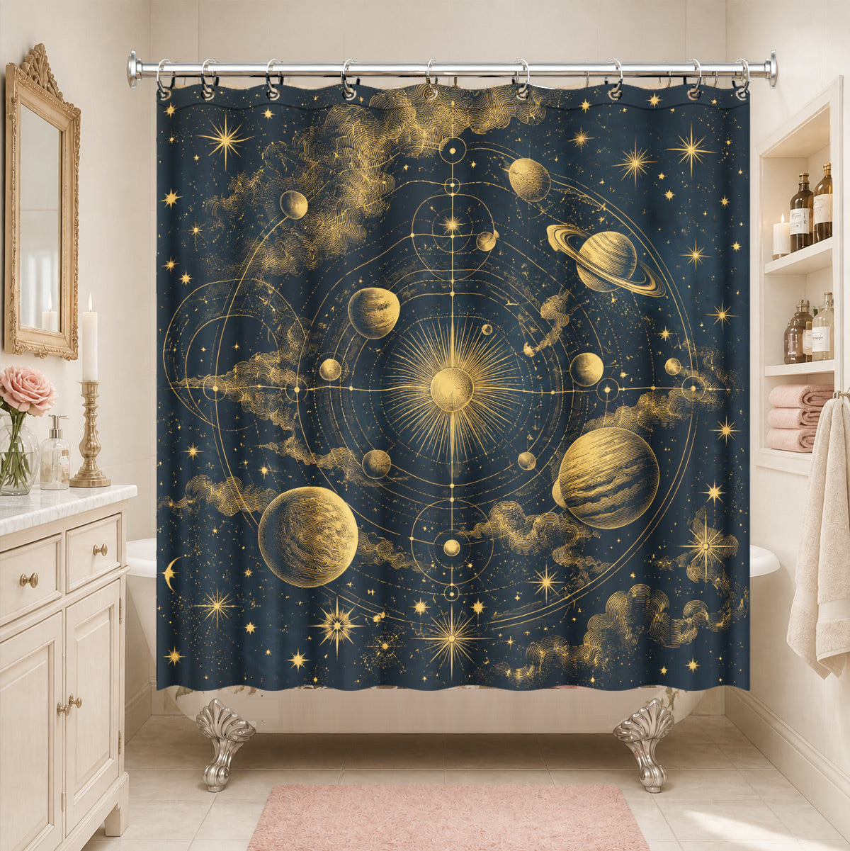 Celestial Moon Phase Shower Curtain Vintage Gold Astrology Waterproof Decor