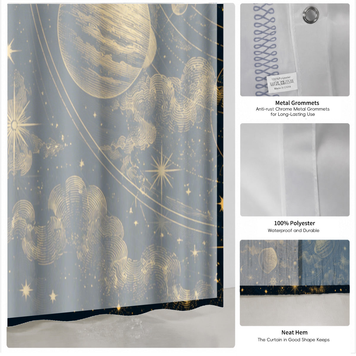 Celestial Moon Phase Shower Curtain Vintage Gold Astrology Waterproof Decor