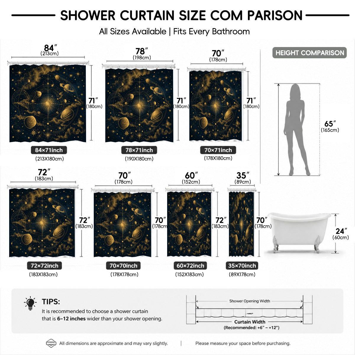 Celestial Moon Phase Shower Curtain Vintage Gold Astrology Waterproof Decor