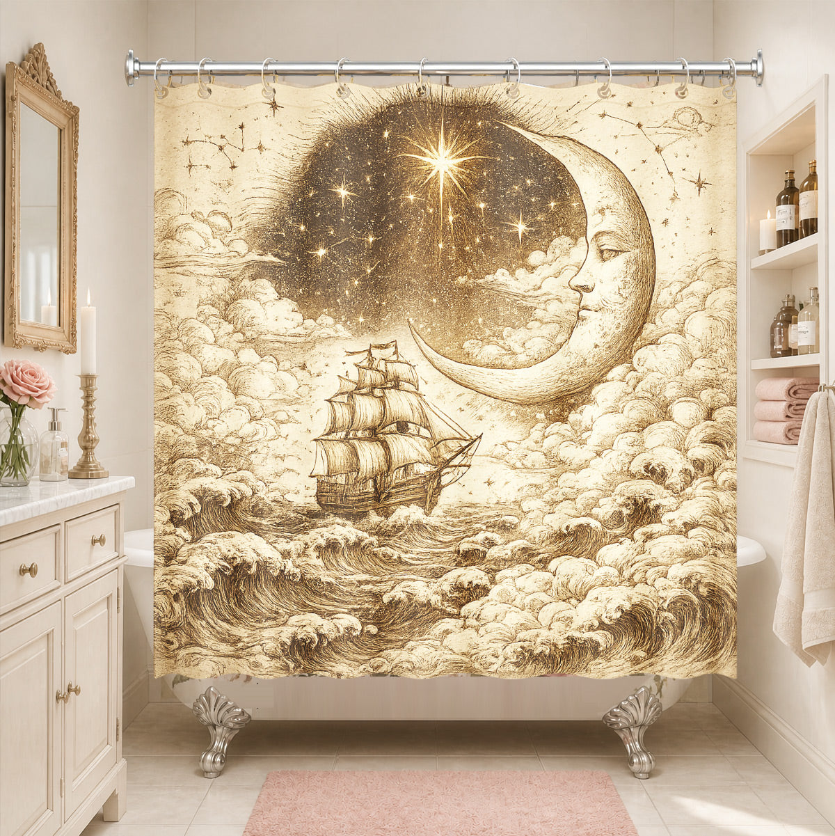 Vintage Space Whale Shower Curtain Etched Astrology Art Waterproof Bathroom Decor
