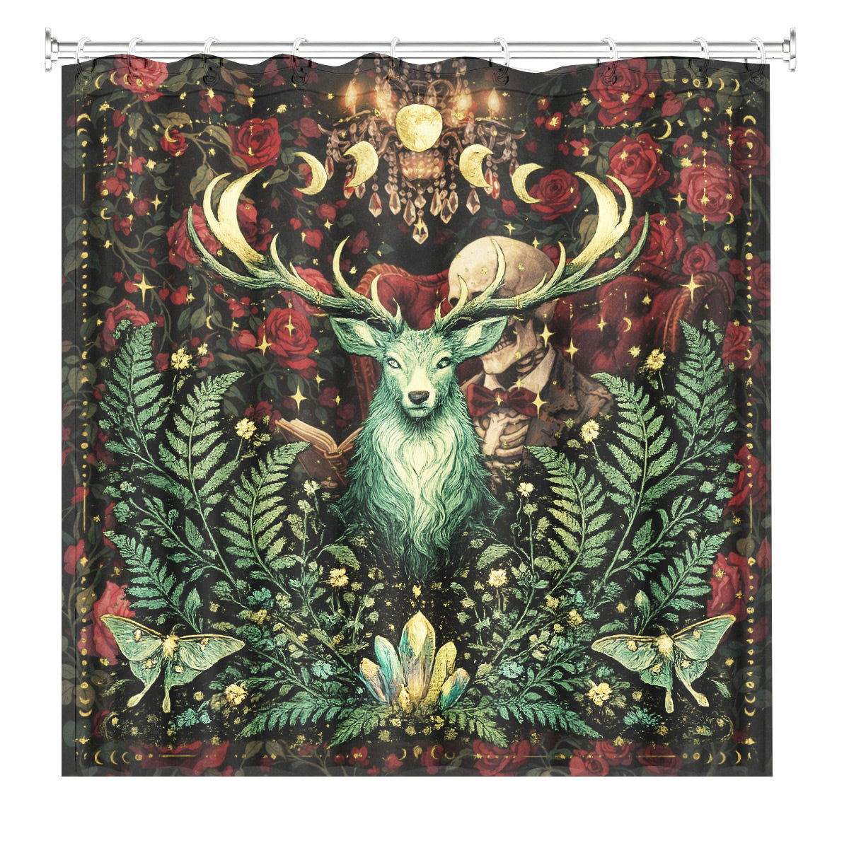 Mystical Forest Deer Shower Curtain Vintage Celestial Bathroom Decor