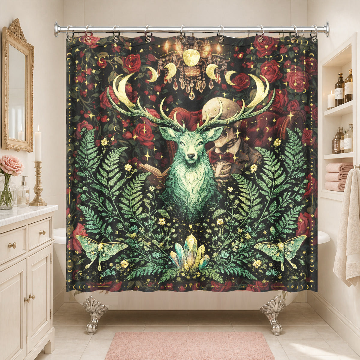 Mystical Forest Deer Shower Curtain Vintage Celestial Bathroom Decor