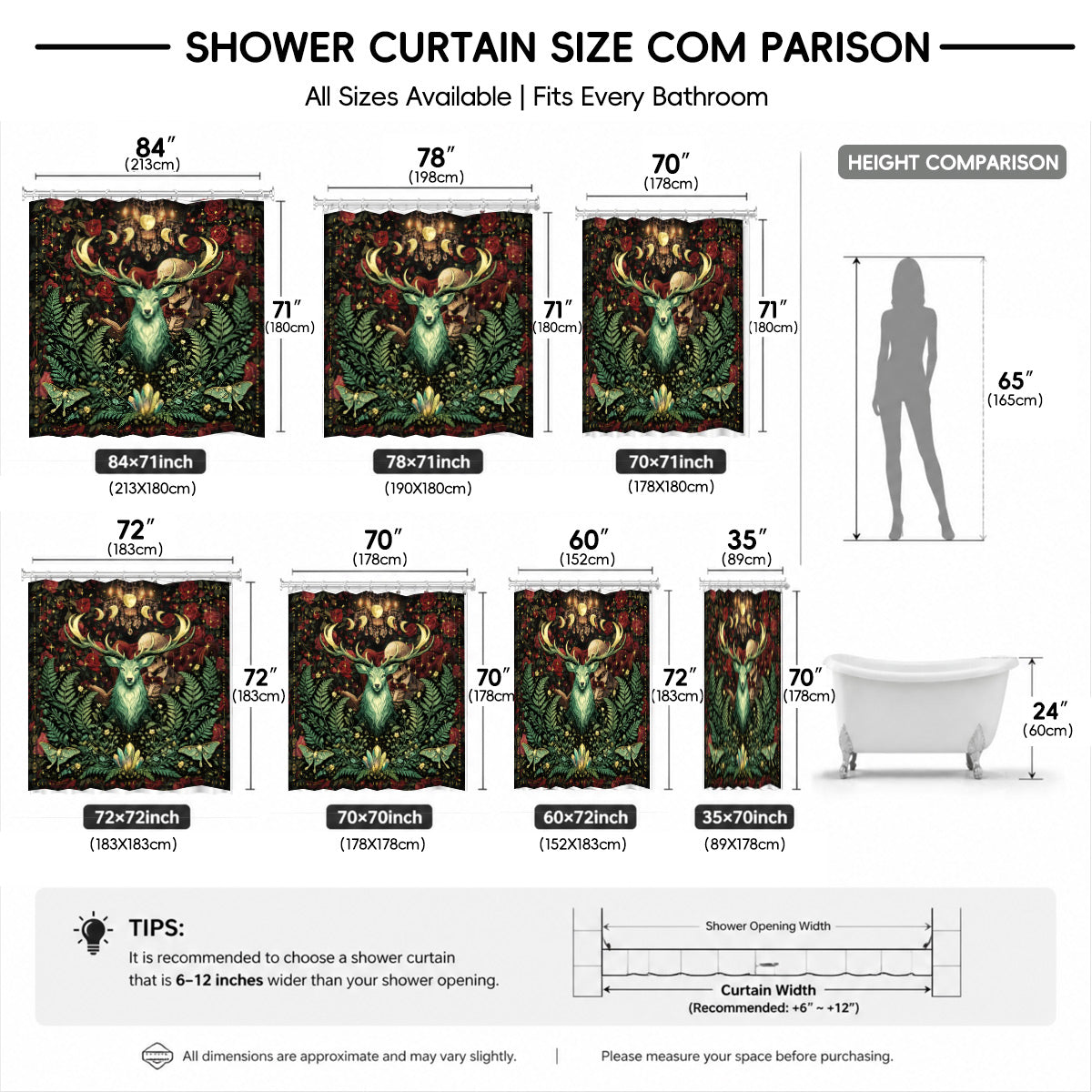 Mystical Forest Deer Shower Curtain Vintage Celestial Bathroom Decor