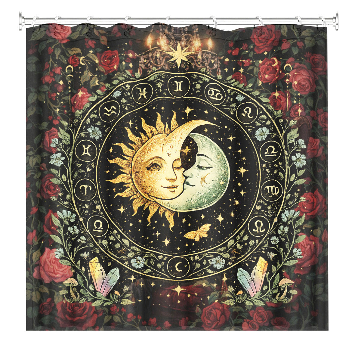 Mystical Nine Tailed Fox Shower Curtain Vintage Celestial Bath Decor