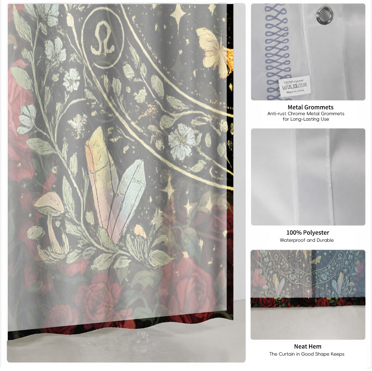 Mystical Nine Tailed Fox Shower Curtain Vintage Celestial Bath Decor