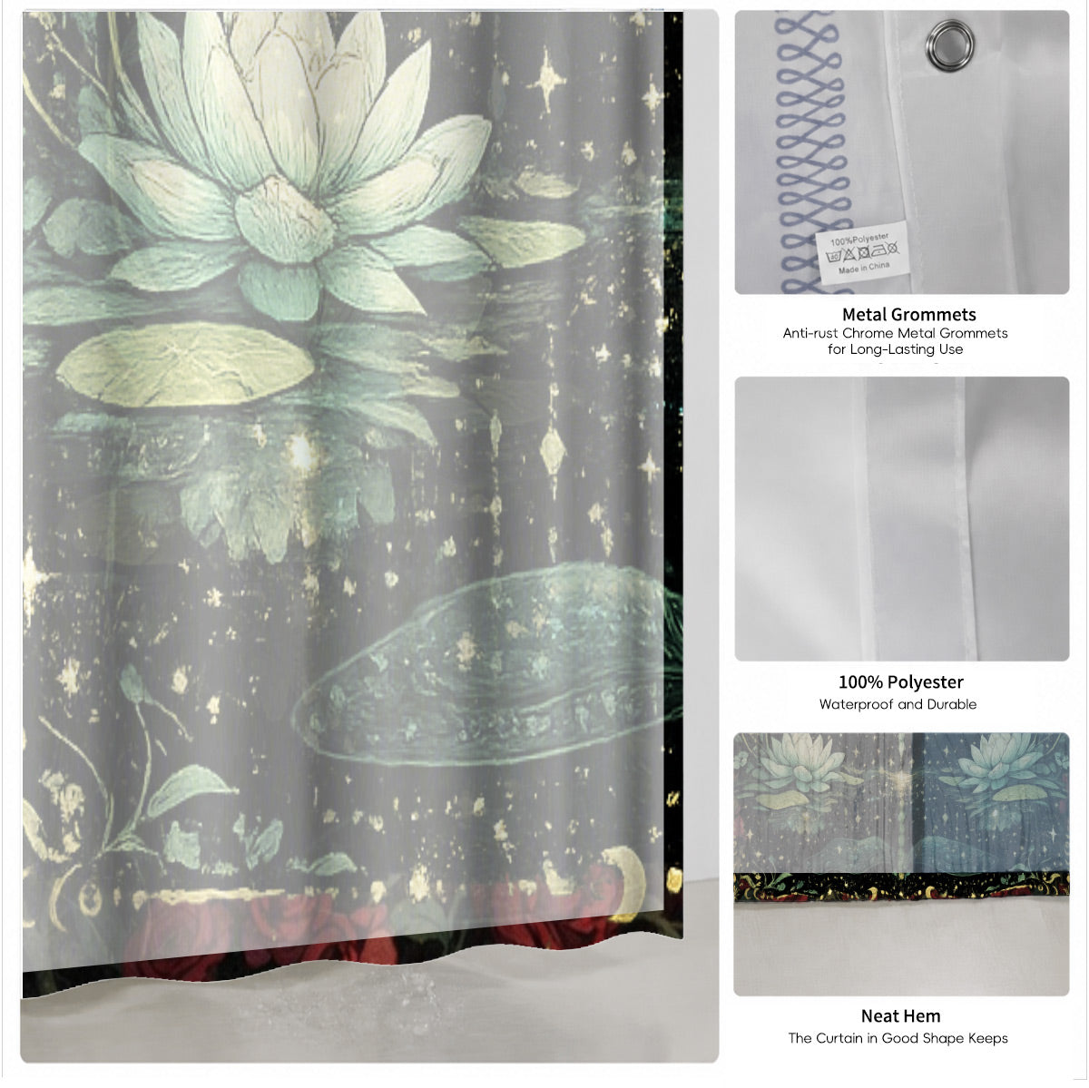Mystical Nine Tailed Fox Shower Curtain Vintage Celestial Bath Decor