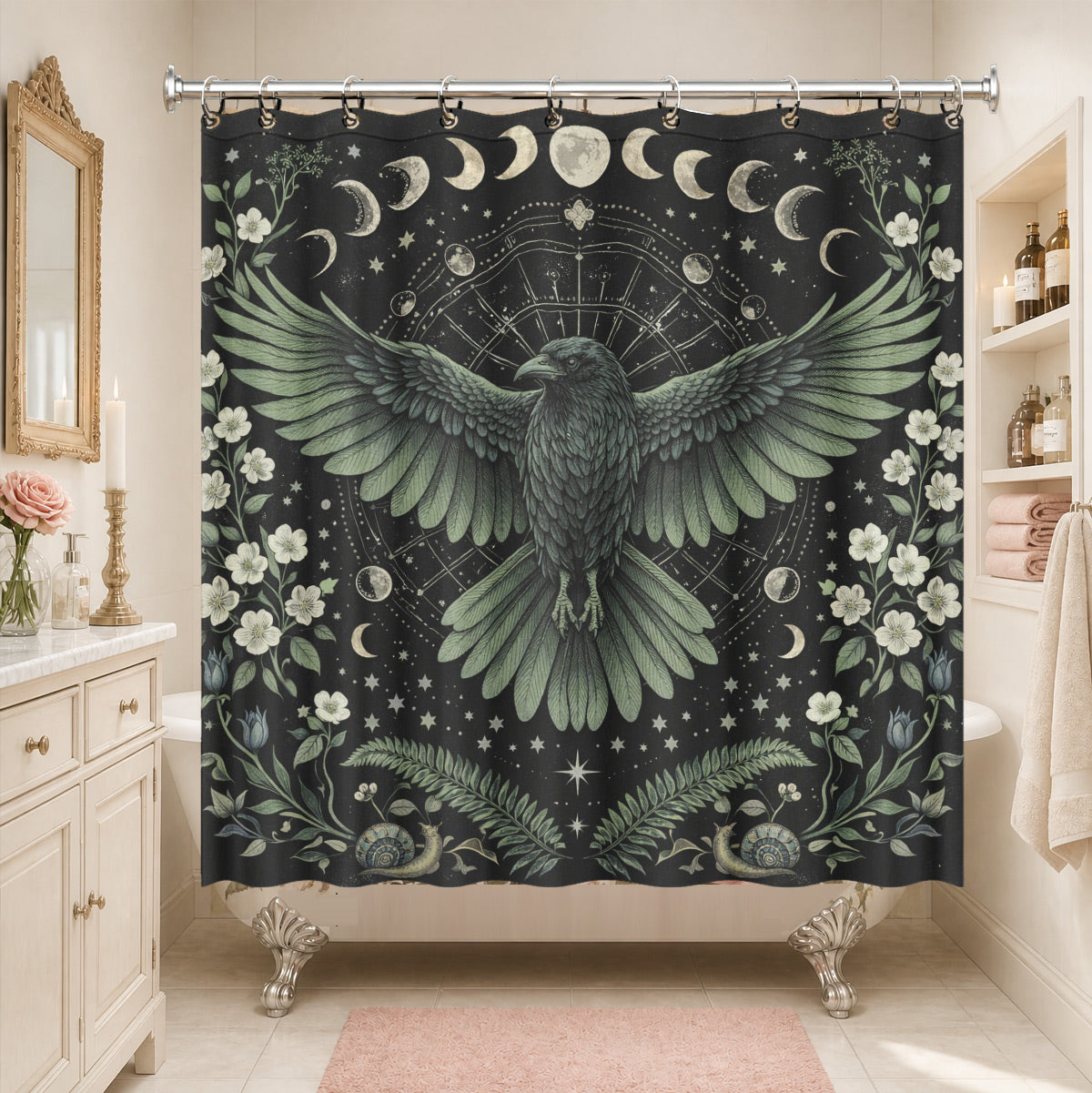 Mystical Nine Tailed Fox Shower Curtain Vintage Celestial Bath Decor