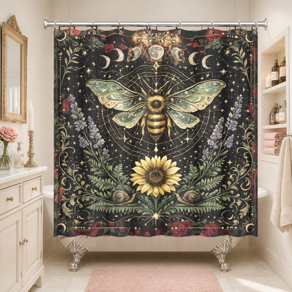 Mystical Nine Tailed Fox Shower Curtain Vintage Celestial Bath Decor