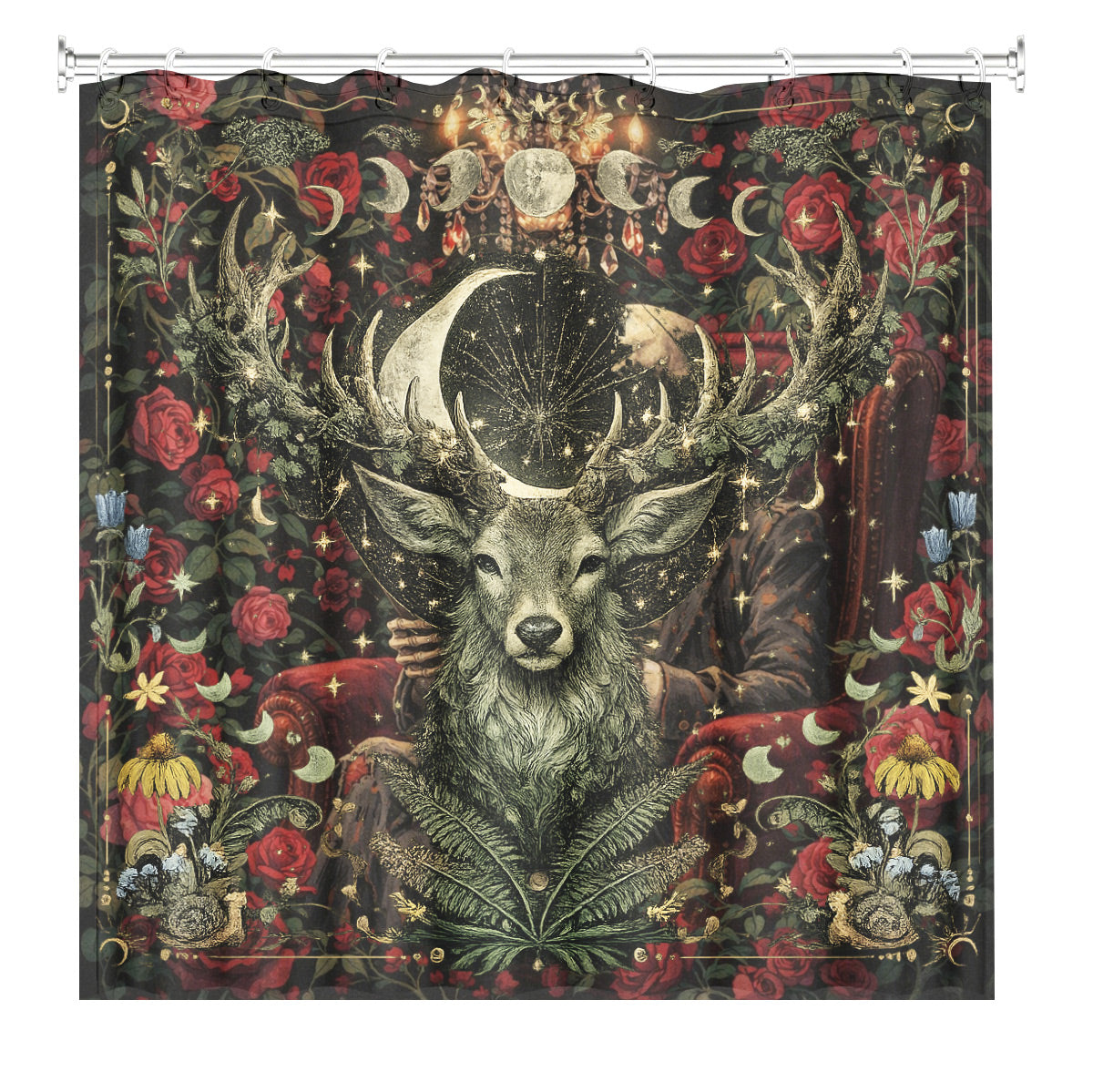 Mystical Forest Deer Shower Curtain Vintage Celestial Bathroom Decor