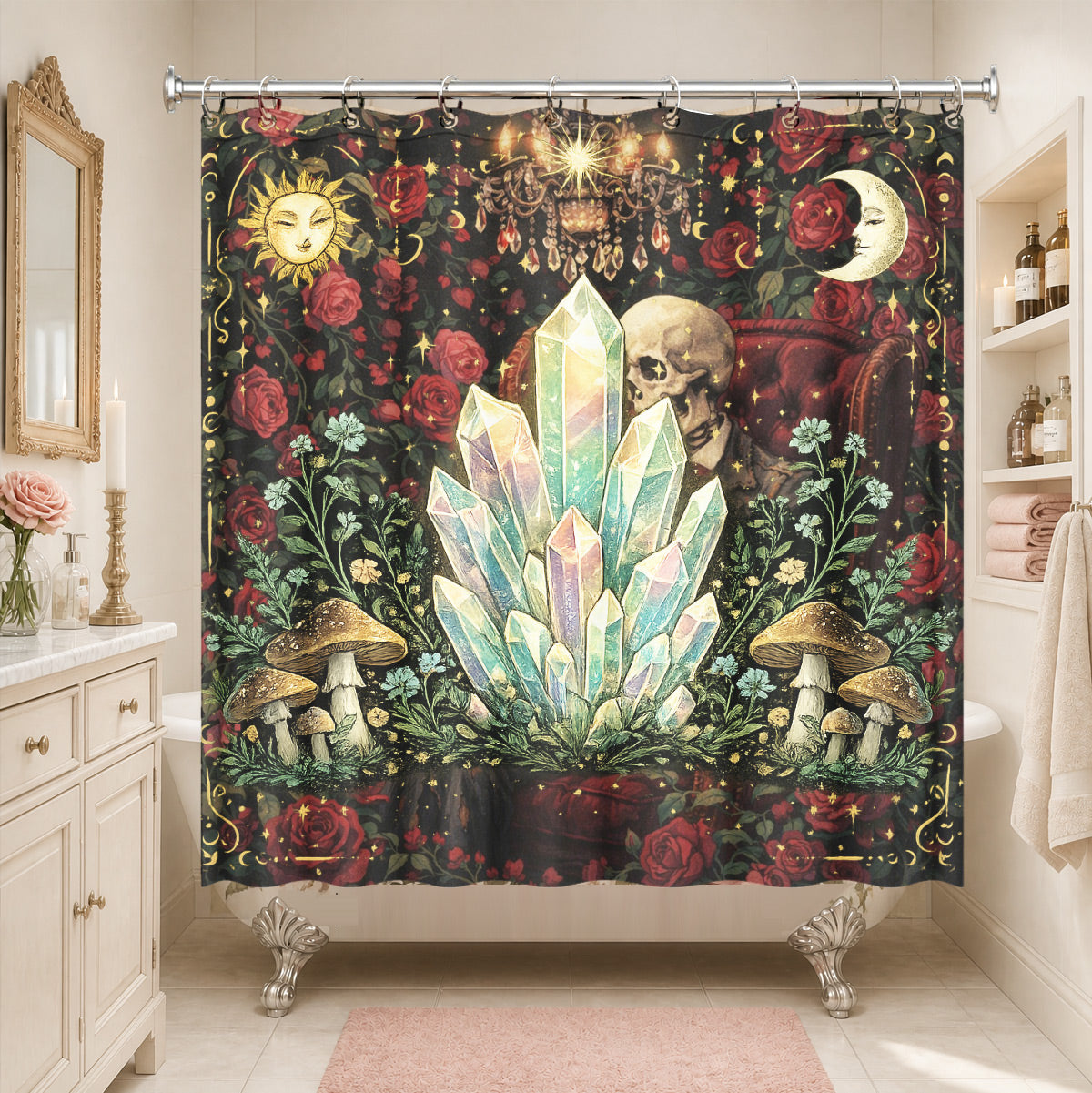 Mystical Forest Deer Shower Curtain Vintage Celestial Bathroom Decor