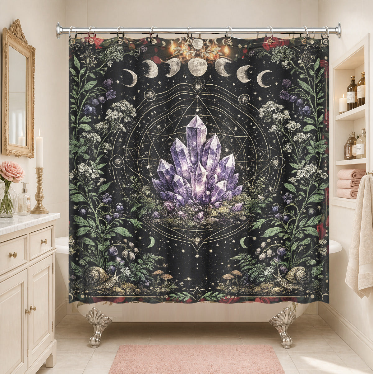 Mystical Forest Deer Shower Curtain Vintage Celestial Bathroom Decor
