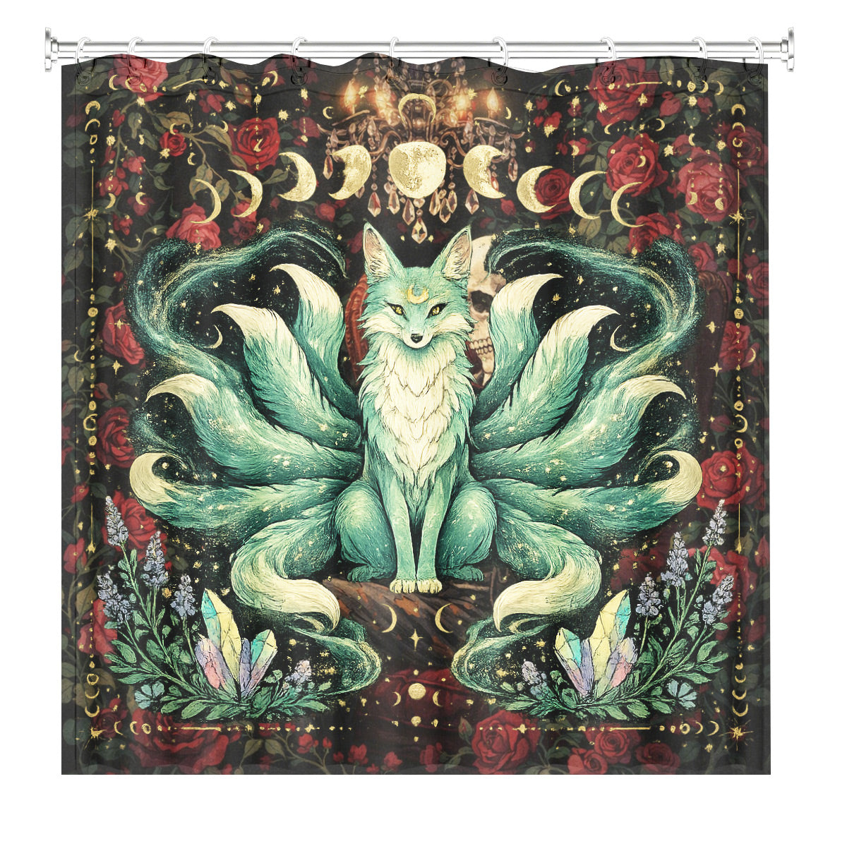 Mystical Nine Tailed Fox Shower Curtain Vintage Celestial Bath Decor