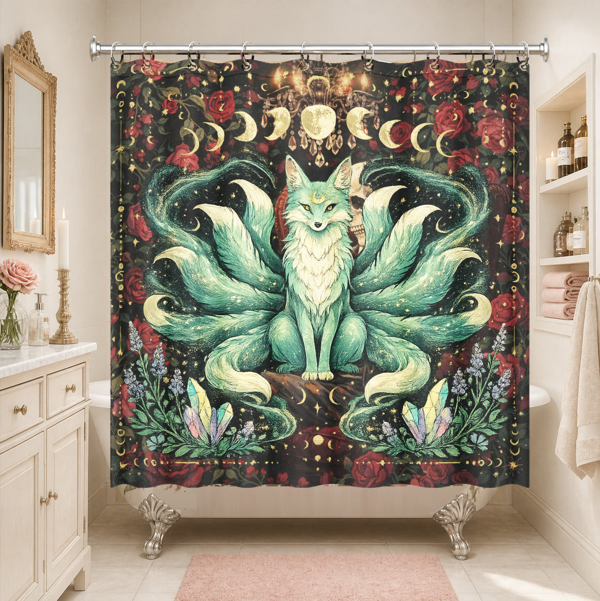 Mystical Nine Tailed Fox Shower Curtain Vintage Celestial Bath Decor
