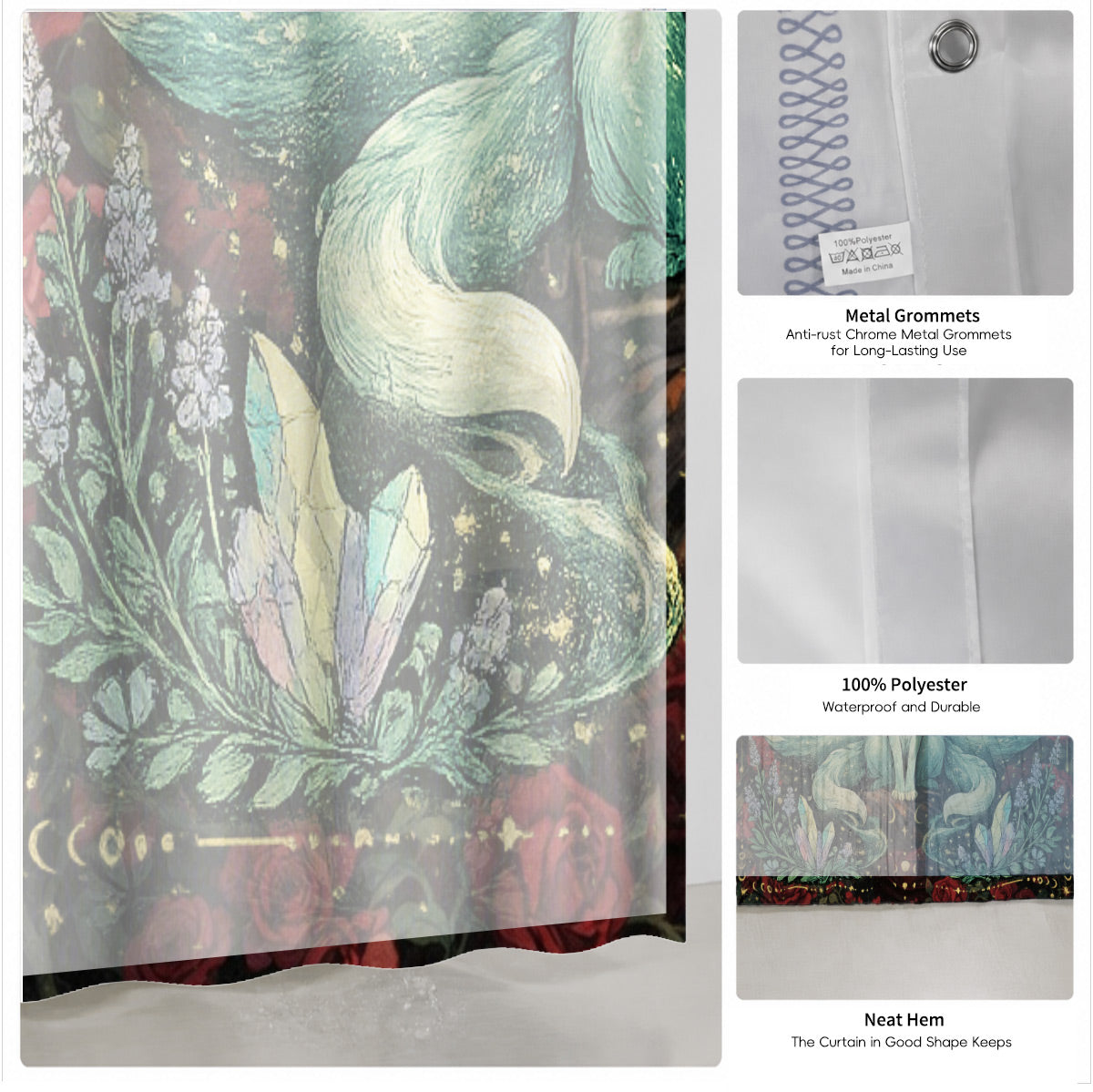 Mystical Nine Tailed Fox Shower Curtain Vintage Celestial Bath Decor