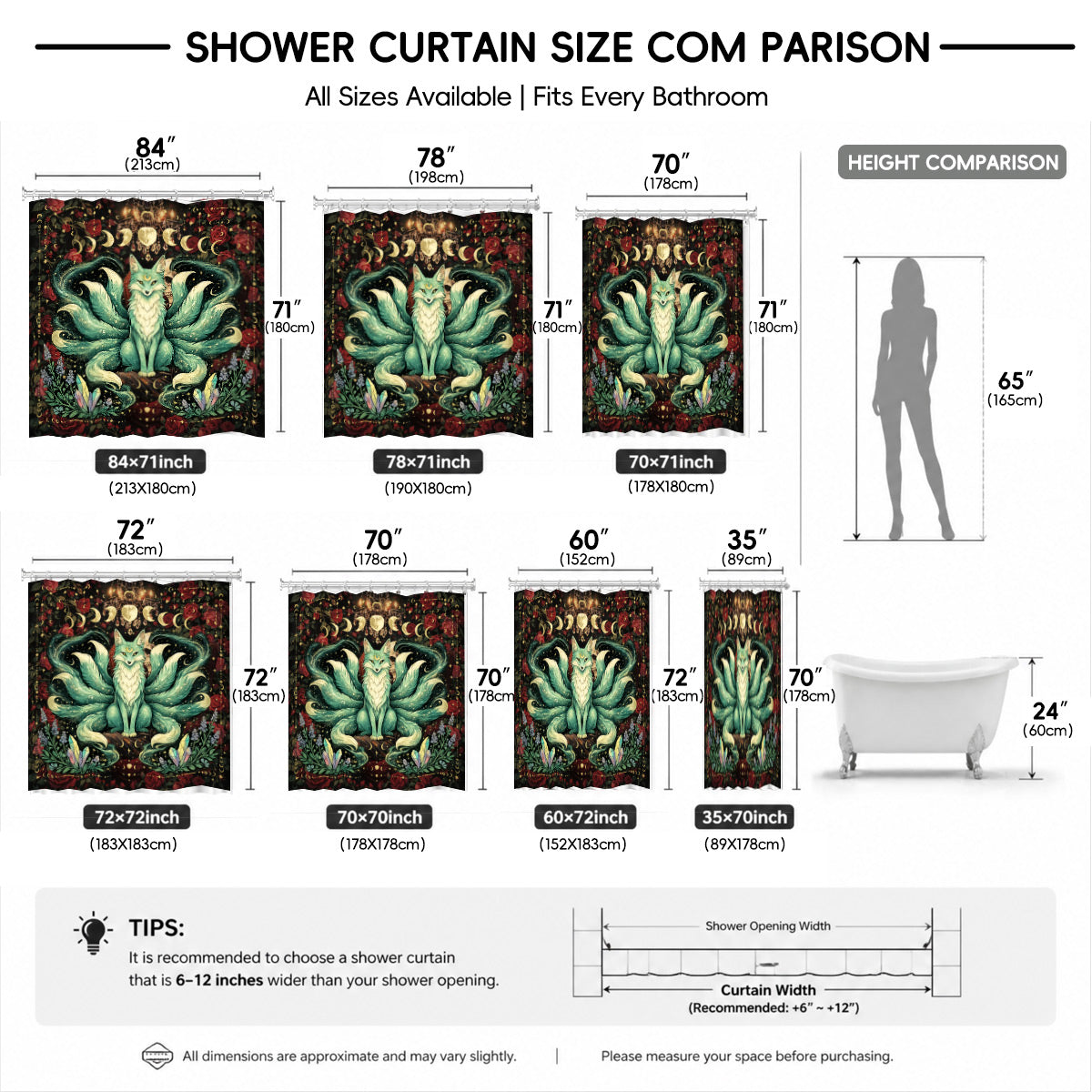 Mystical Nine Tailed Fox Shower Curtain Vintage Celestial Bath Decor