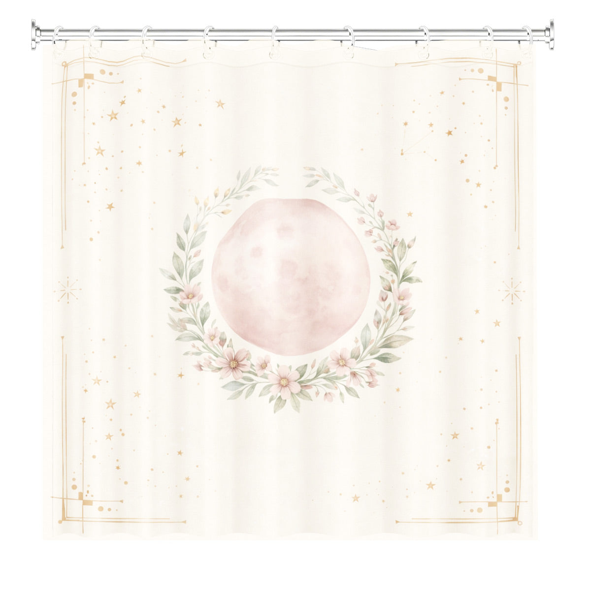 Whimsical Pink Celestial Shower Curtain Watercolor Moon Minimalist Decor
