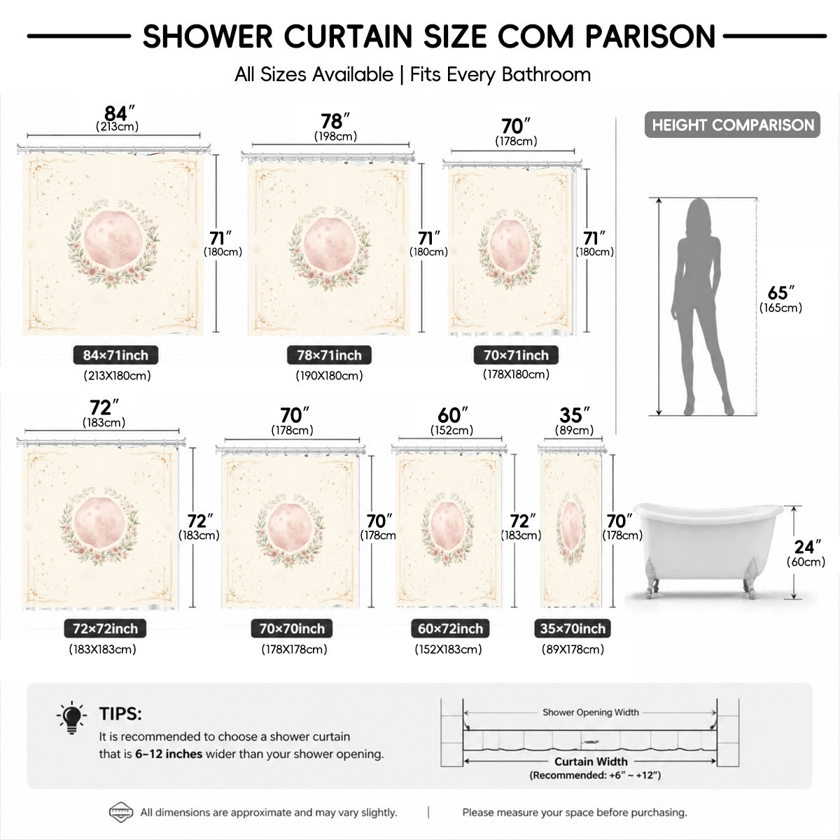 Whimsical Pink Celestial Shower Curtain Watercolor Moon Minimalist Decor