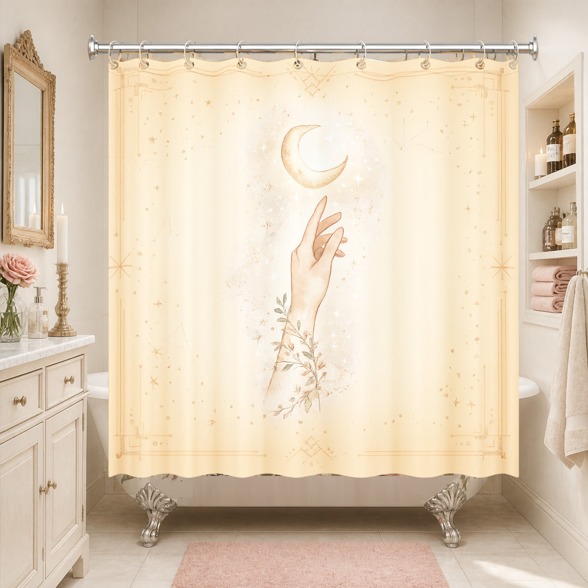 Whimsical Pink Celestial Shower Curtain Watercolor Moon Minimalist Decor