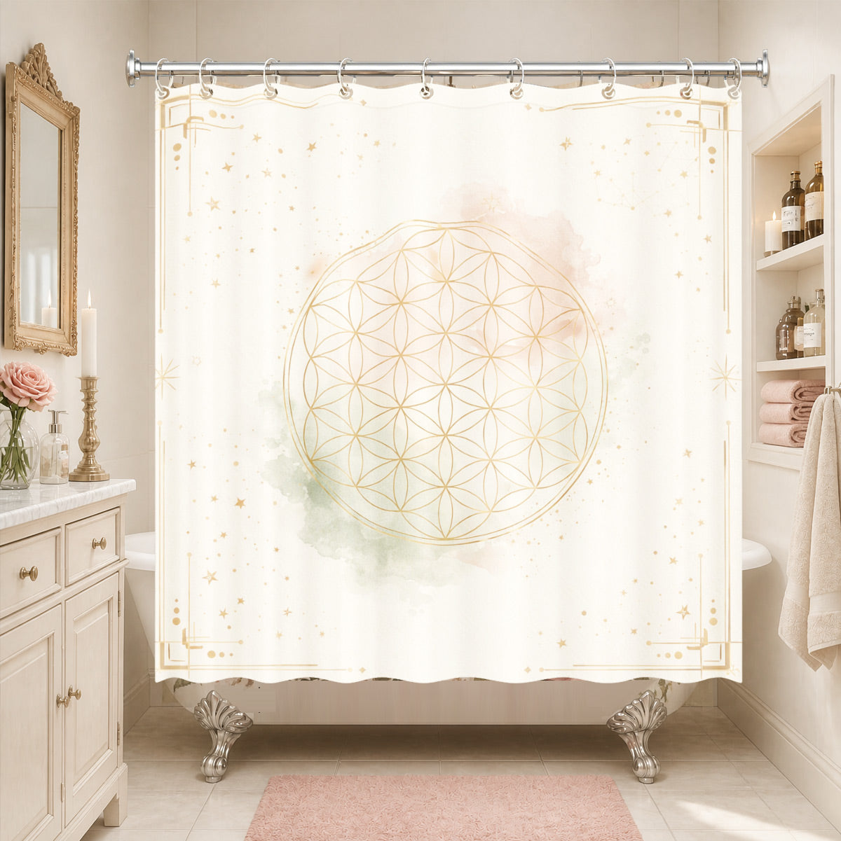 Whimsical Pink Celestial Shower Curtain Watercolor Moon Minimalist Decor