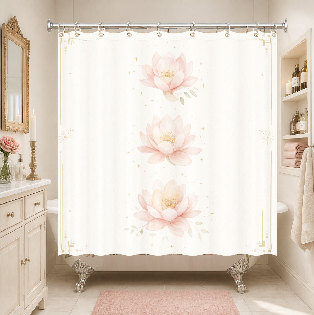Whimsical Pink Celestial Shower Curtain Watercolor Moon Minimalist Decor