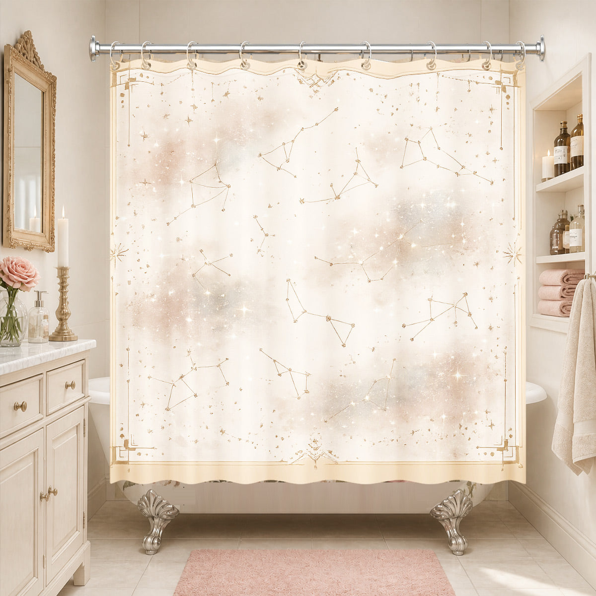 Whimsical Pink Celestial Shower Curtain Watercolor Moon Minimalist Decor