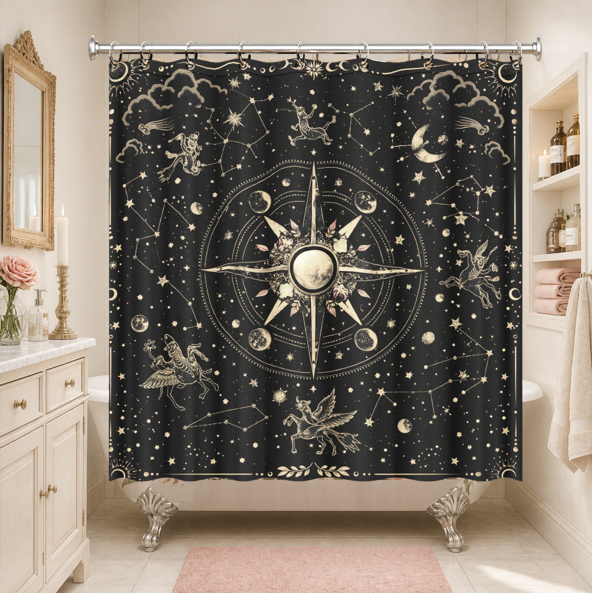 Vintage Celestial Astrology Shower Curtain Ethereal Witchy Decor Gift