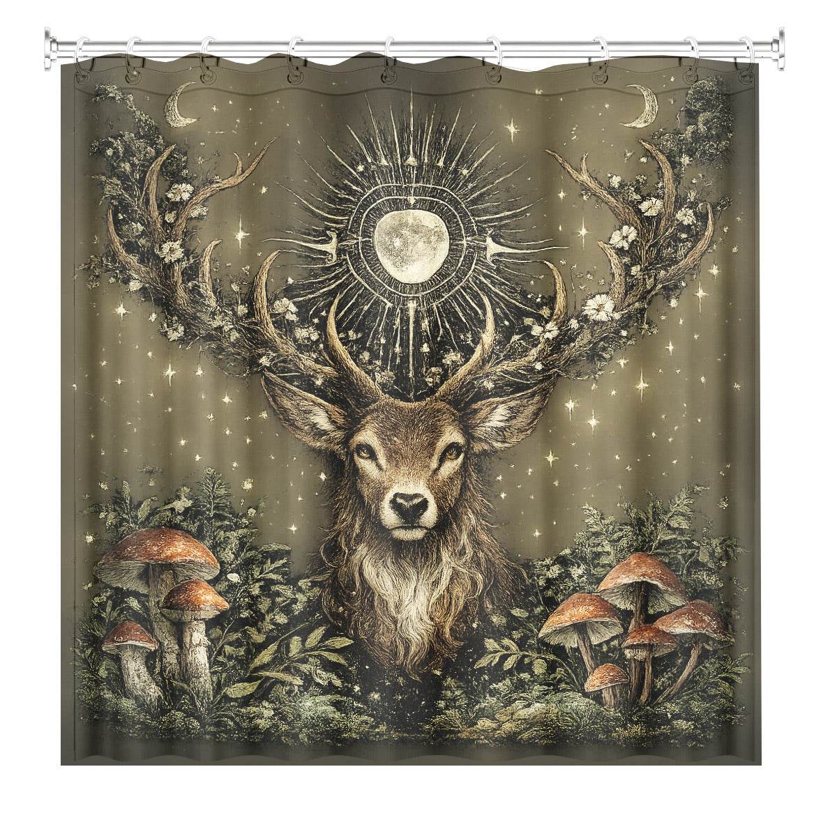 Vintage Skull Deer Shower Curtain Dark Academia Gothic Bath Decor