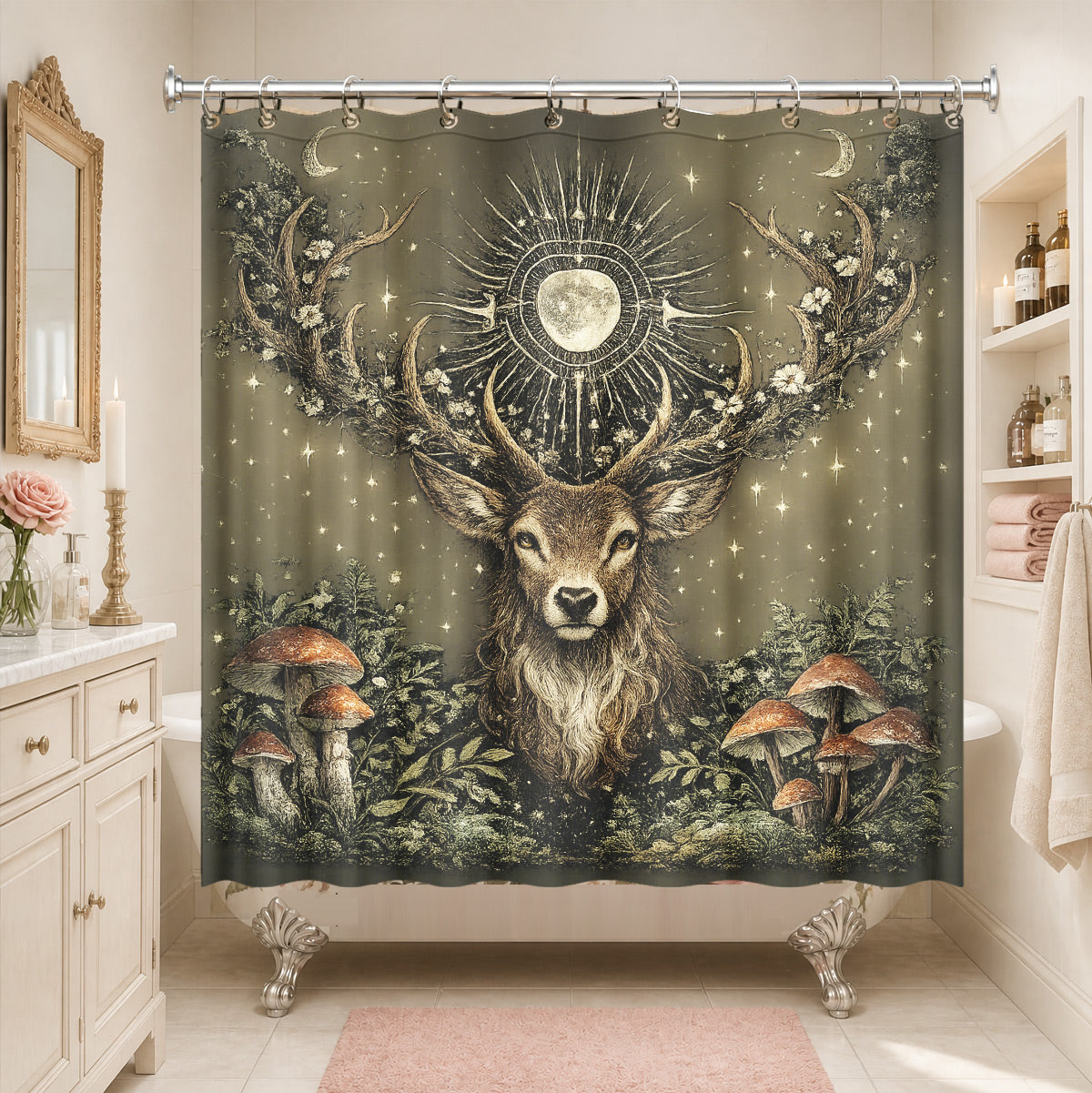 Vintage Skull Deer Shower Curtain Dark Academia Gothic Bath Decor
