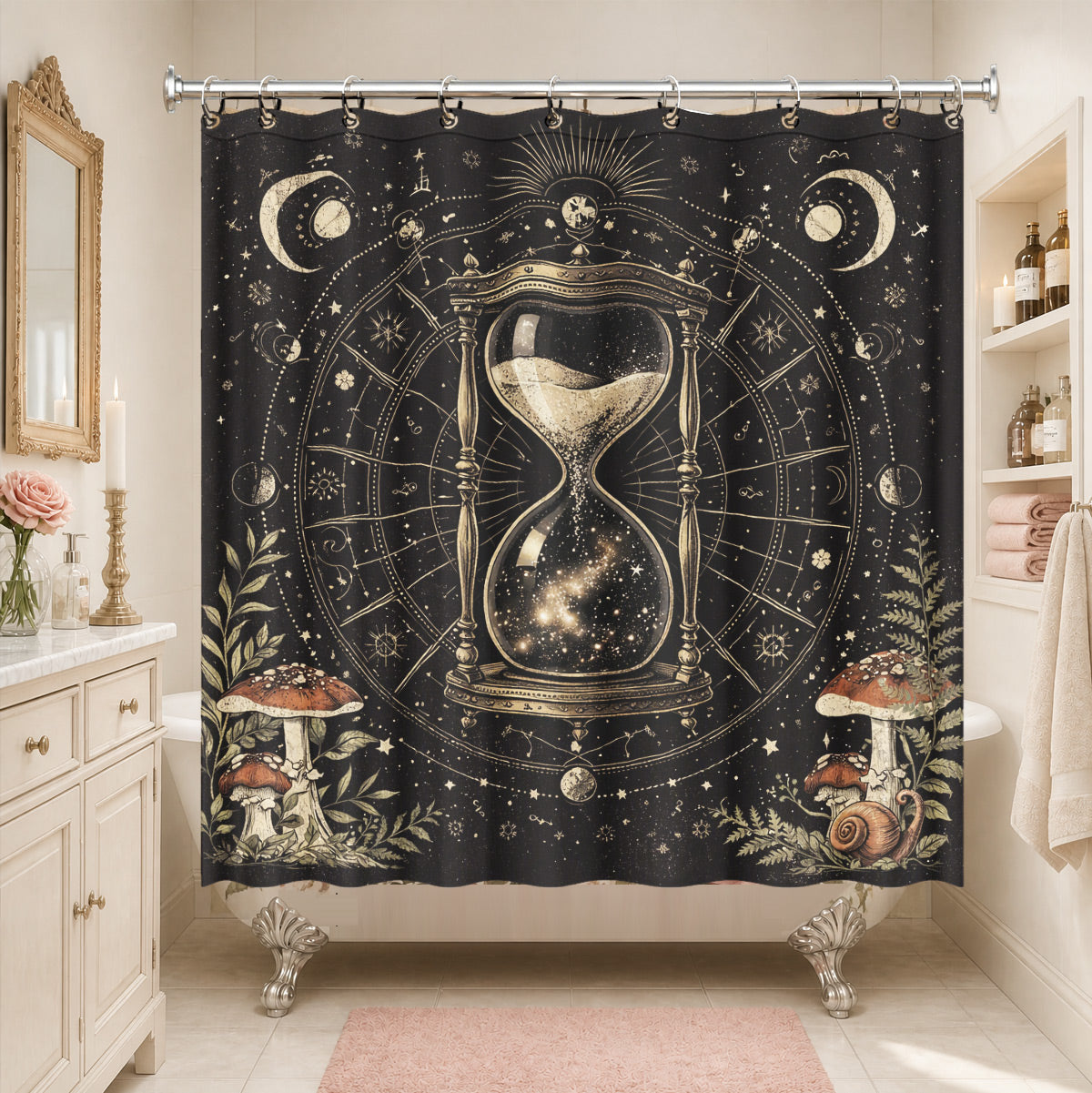 Vintage Celestial Hourglass Shower Curtain Dark Academia Gothic Decor