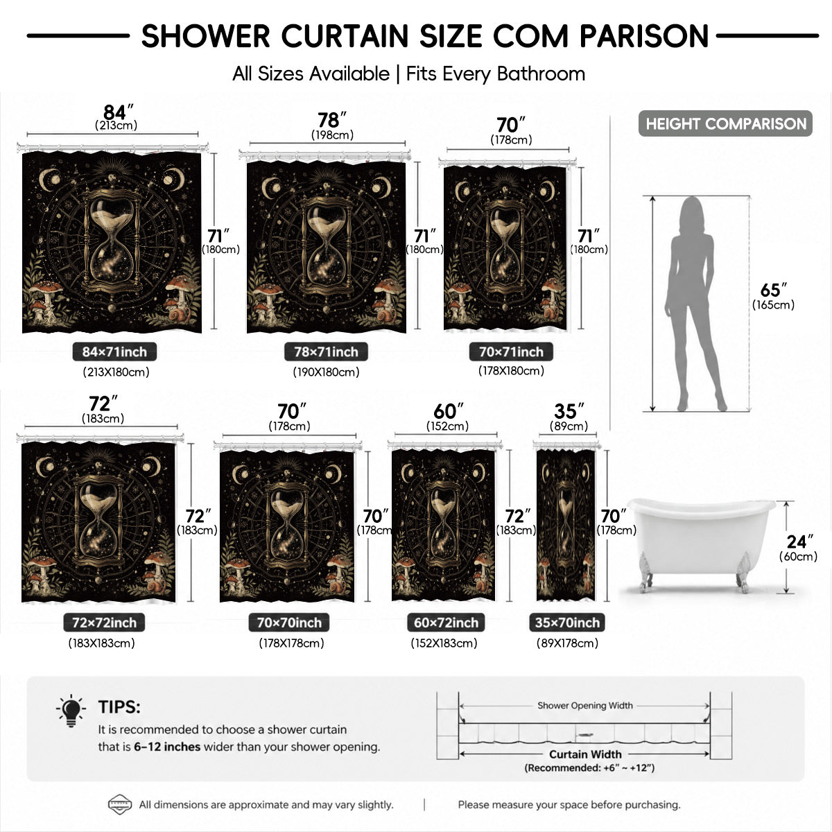 Vintage Celestial Hourglass Shower Curtain Dark Academia Gothic Decor
