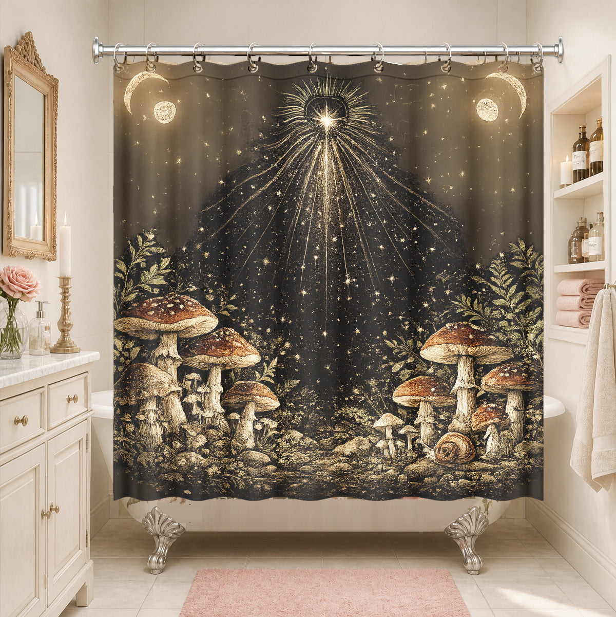 Vintage Celestial Hourglass Shower Curtain Dark Academia Gothic Decor