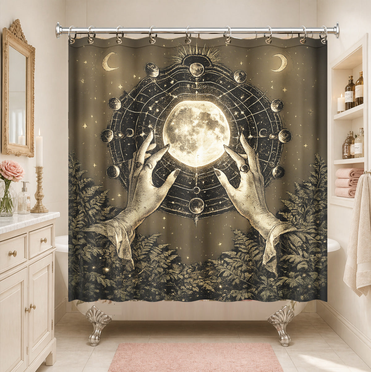 Vintage Celestial Hourglass Shower Curtain Dark Academia Gothic Decor