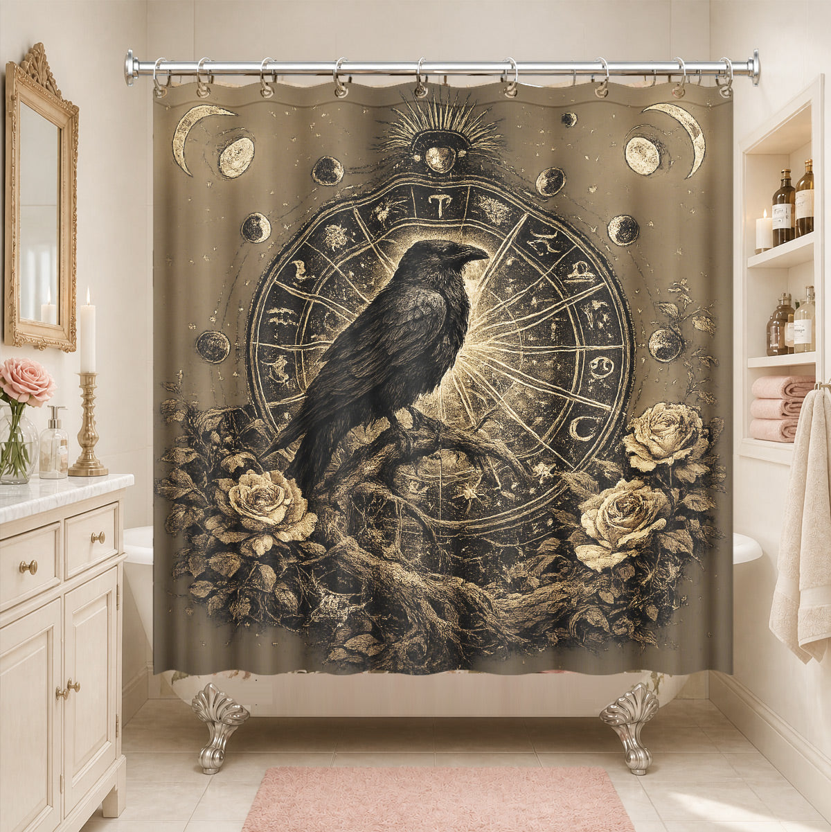 Vintage Celestial Hourglass Shower Curtain Dark Academia Gothic Decor