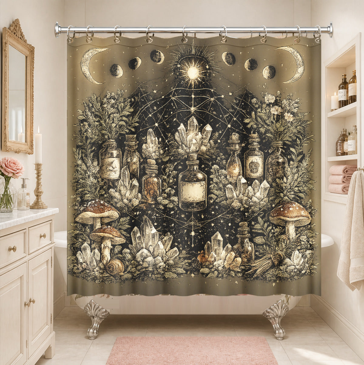 Vintage Celestial Hourglass Shower Curtain Dark Academia Gothic Decor