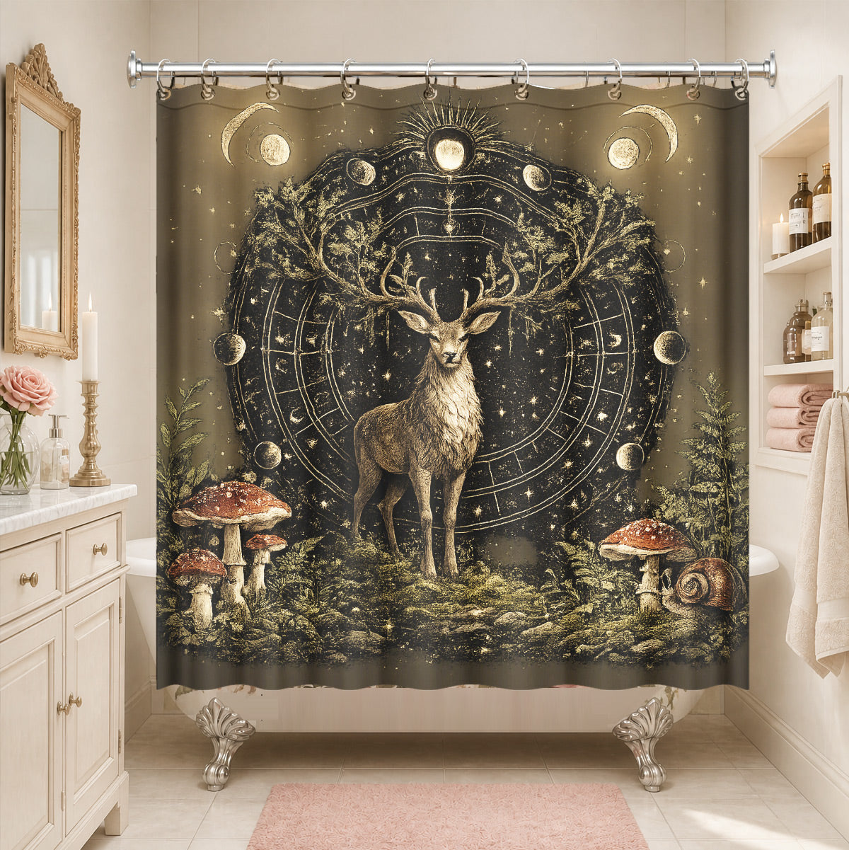 Vintage Celestial Hourglass Shower Curtain Dark Academia Gothic Decor