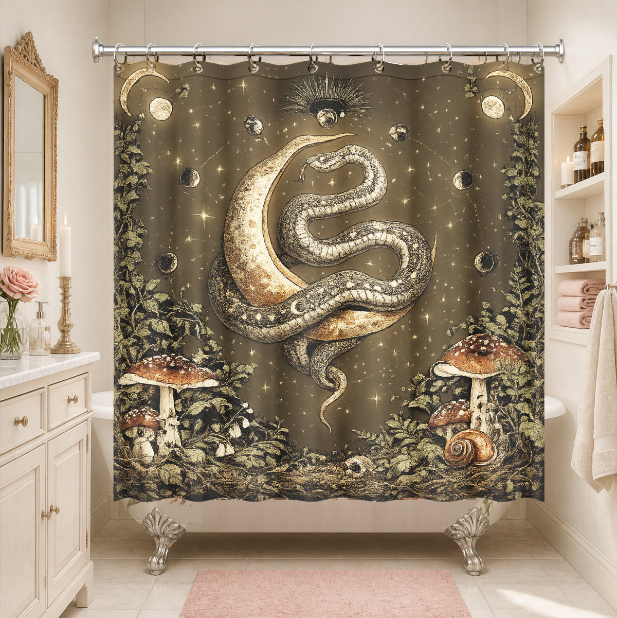 Vintage Celestial Hourglass Shower Curtain Dark Academia Gothic Decor