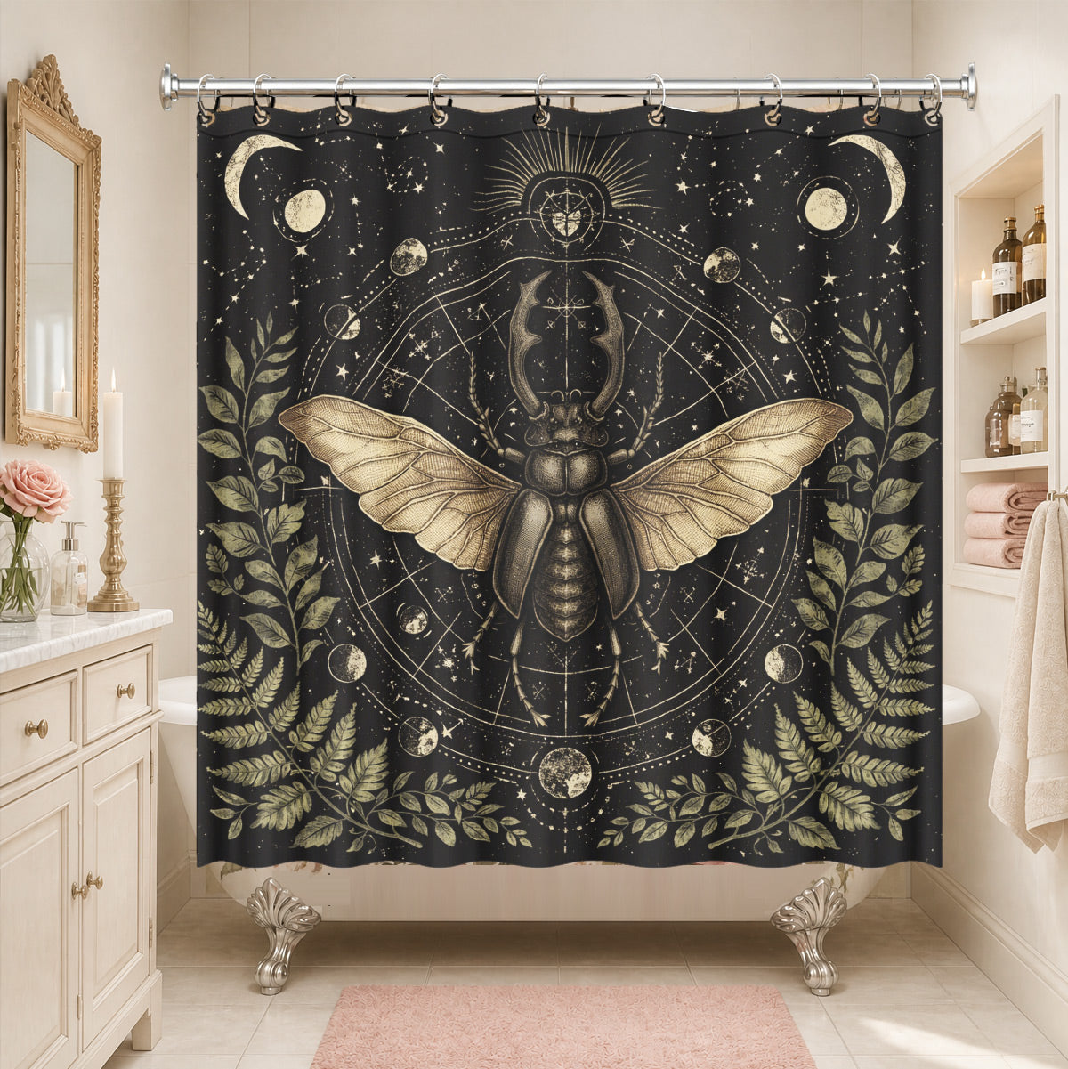 Vintage Celestial Hourglass Shower Curtain Dark Academia Gothic Decor