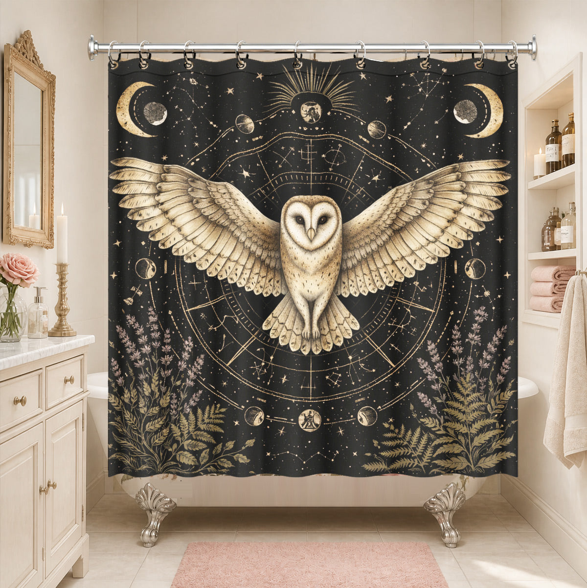 Vintage Celestial Hourglass Shower Curtain Dark Academia Gothic Decor