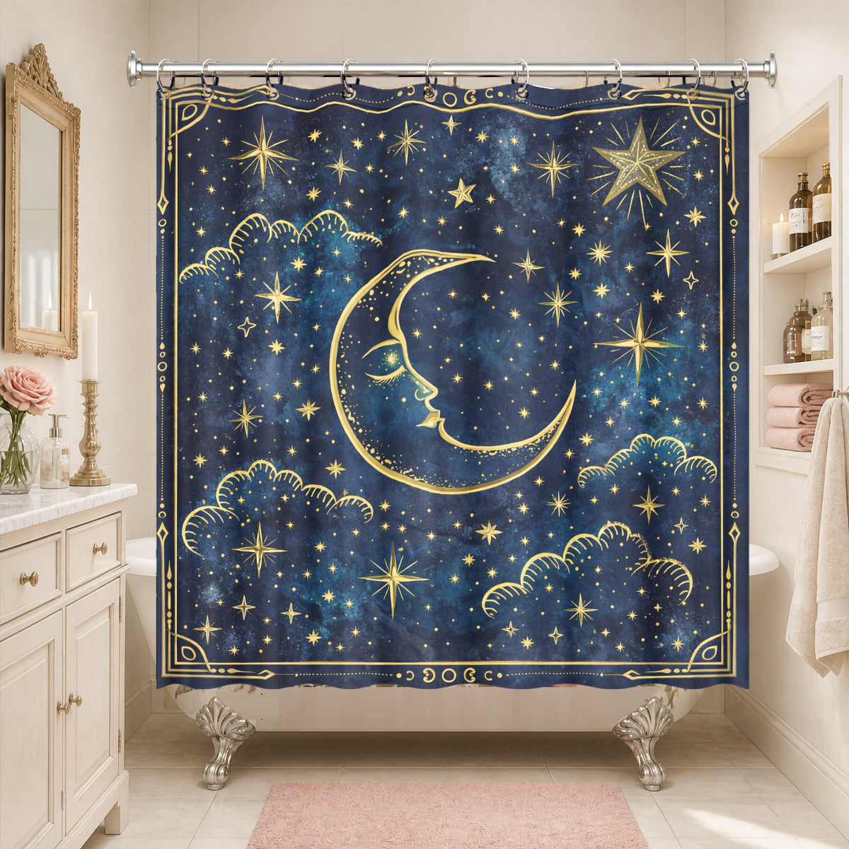 Celestial Sun Moon Dreamcatcher Shower Curtain Vintage Blue Gold Decor