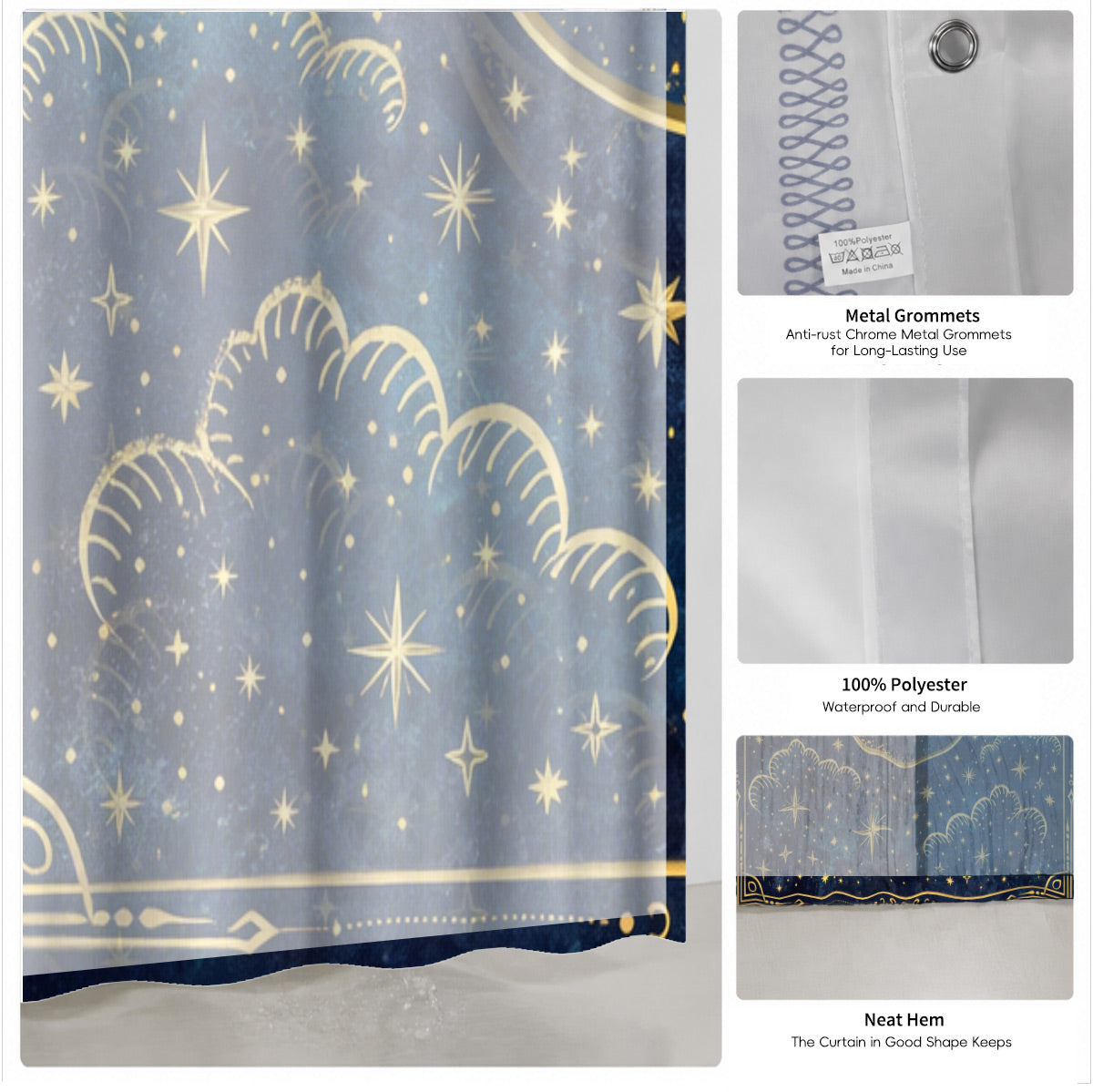 Celestial Sun Moon Dreamcatcher Shower Curtain Vintage Blue Gold Decor