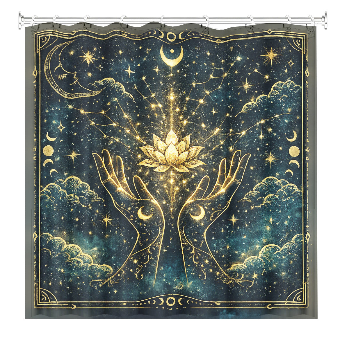 Celestial Sun Moon Dreamcatcher Shower Curtain Vintage Blue Gold Decor