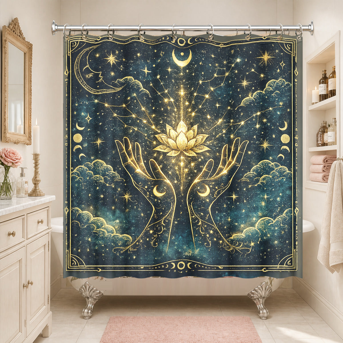 Celestial Sun Moon Dreamcatcher Shower Curtain Vintage Blue Gold Decor
