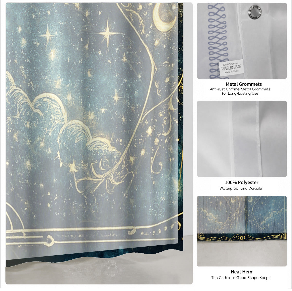 Celestial Sun Moon Dreamcatcher Shower Curtain Vintage Blue Gold Decor
