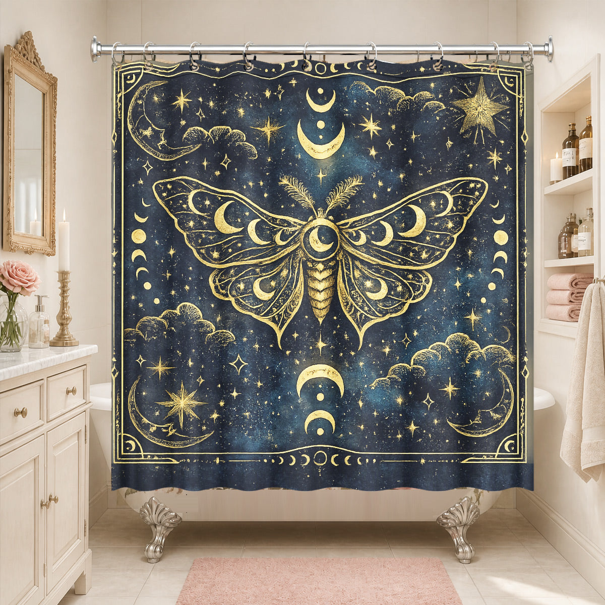 Celestial Sun Moon Dreamcatcher Shower Curtain Vintage Blue Gold Decor