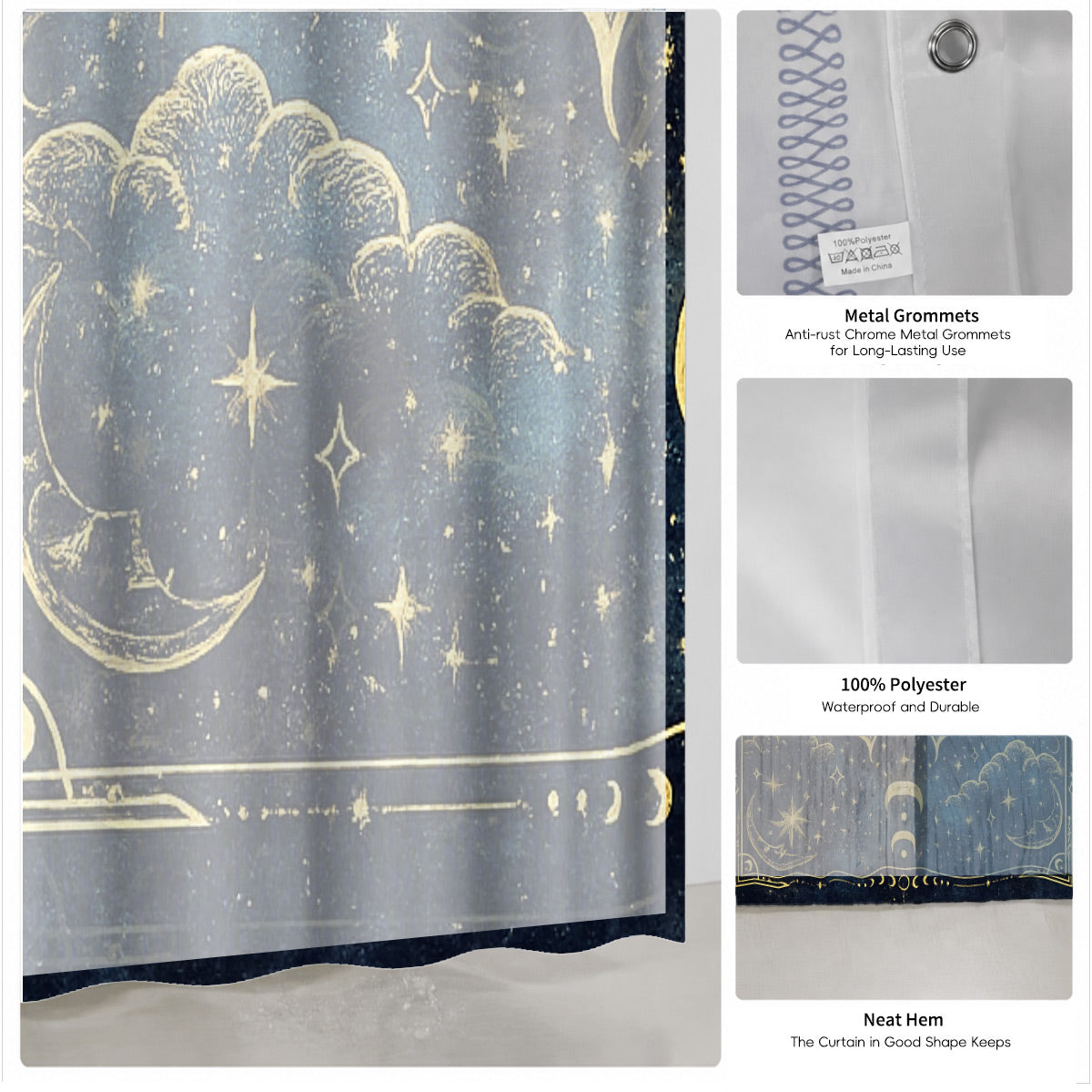 Celestial Sun Moon Dreamcatcher Shower Curtain Vintage Blue Gold Decor