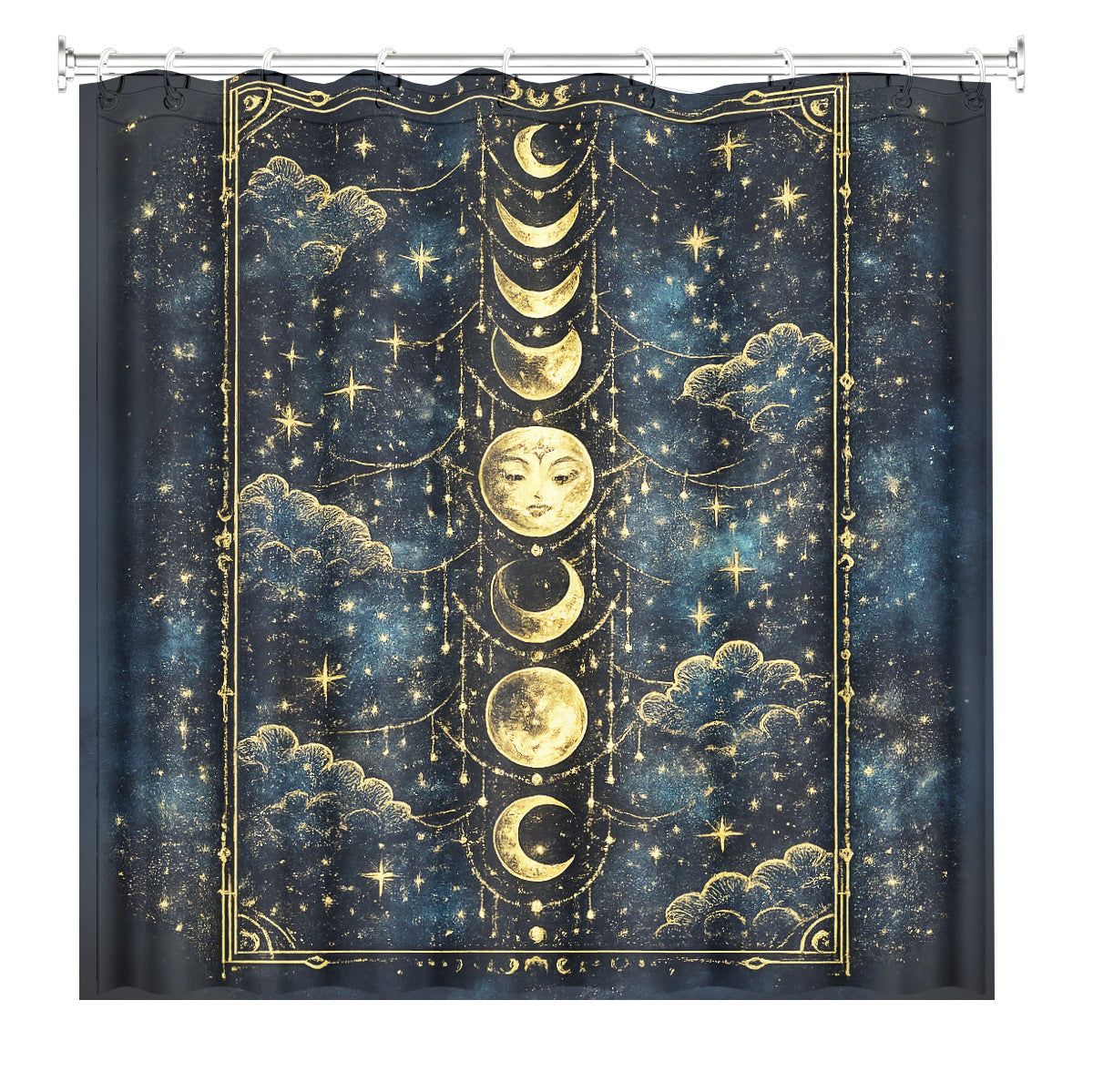 Celestial Sun Moon Dreamcatcher Shower Curtain Vintage Blue Gold Decor